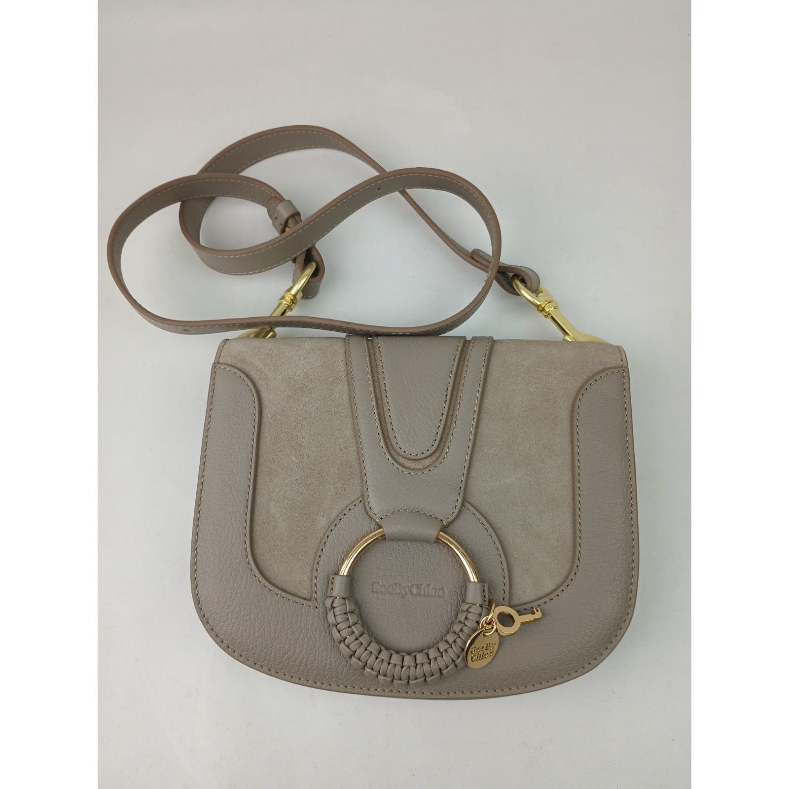 See By Chlo Hana Small Leather & Suede Crossbody Motty Gray/Gold Msrp $575
